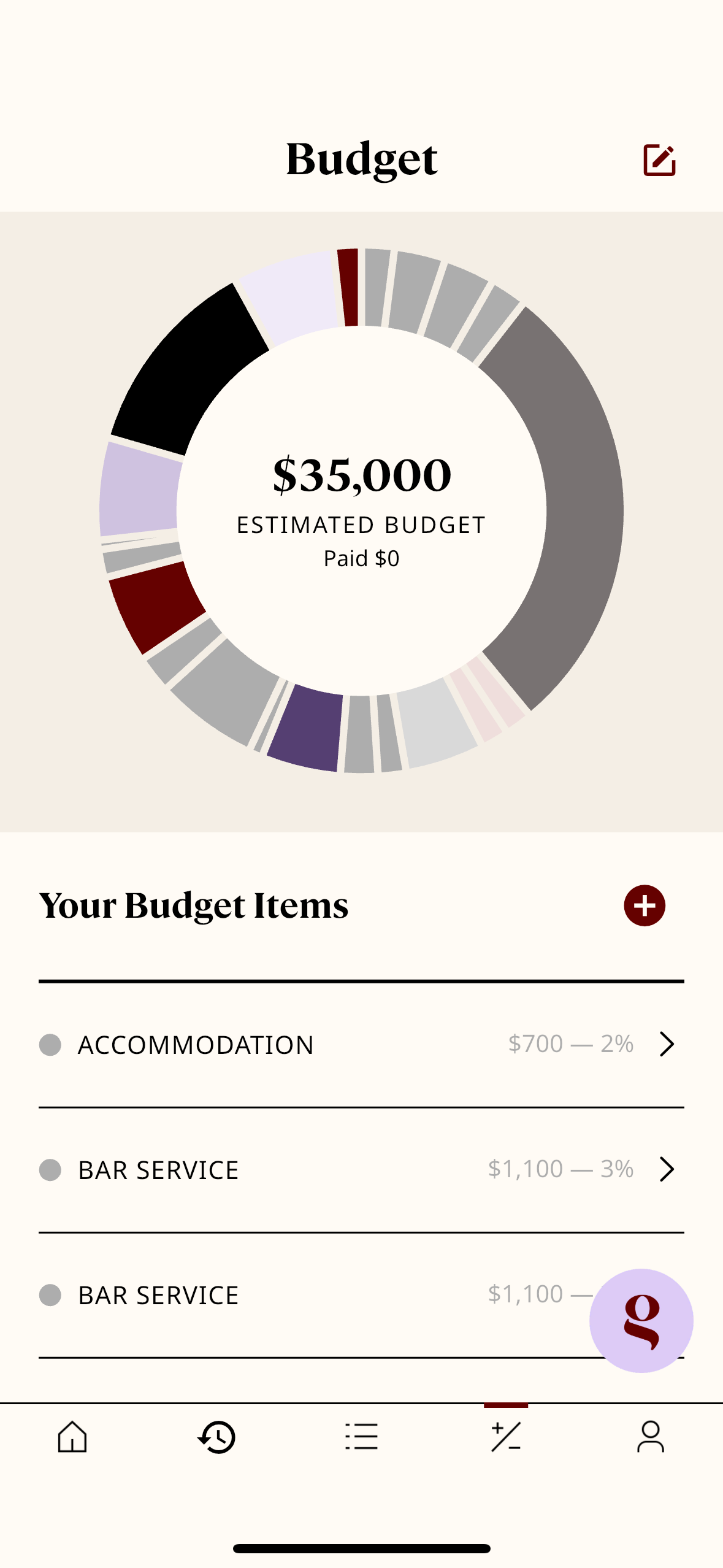 App screen showing budget management